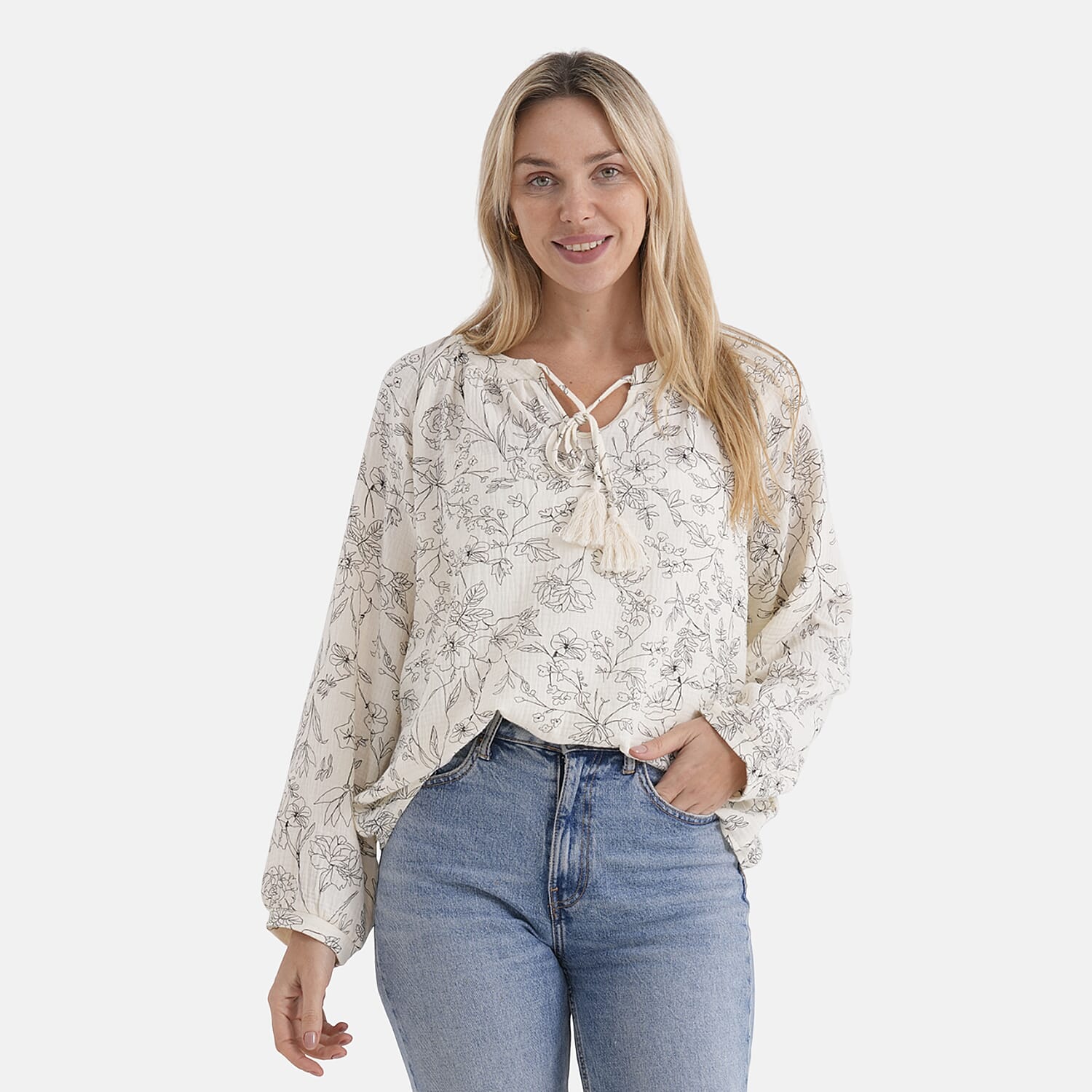 & Maisi Lightweight Cotton Long-Sleeved Blouse with Tie-Front Tassels