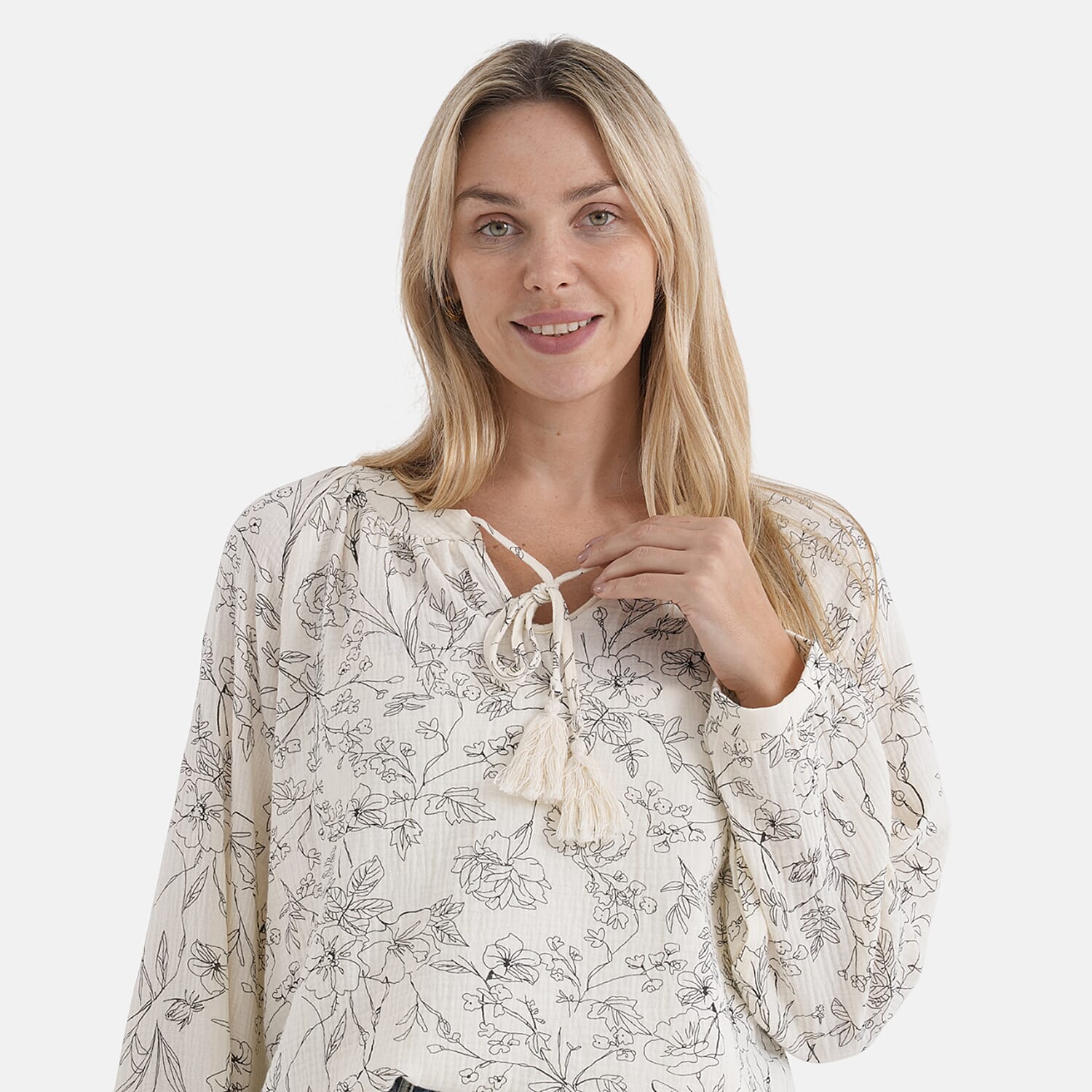 & Maisi Lightweight Cotton Long-Sleeved Blouse with Tie-Front Tassels