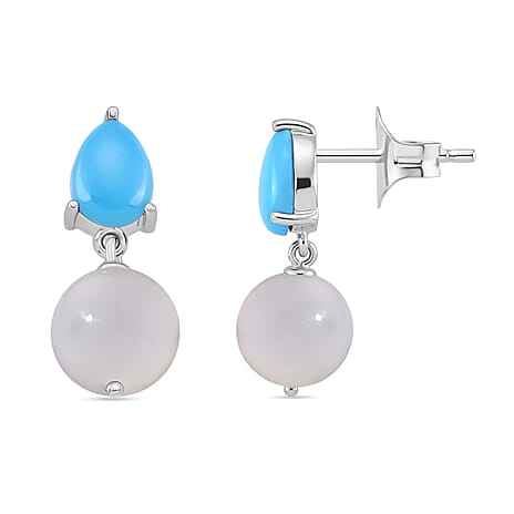 D'Joy Sleeping Beauty Turquoise & Mother Of Pearl Dangling Earring with Push Back in Rhodium Overlay Sterling Silver 8.04 Ct.