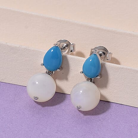D'Joy Sleeping Beauty Turquoise & Mother Of Pearl Dangling Earring with Push Back in Rhodium Overlay Sterling Silver 8.04 Ct.