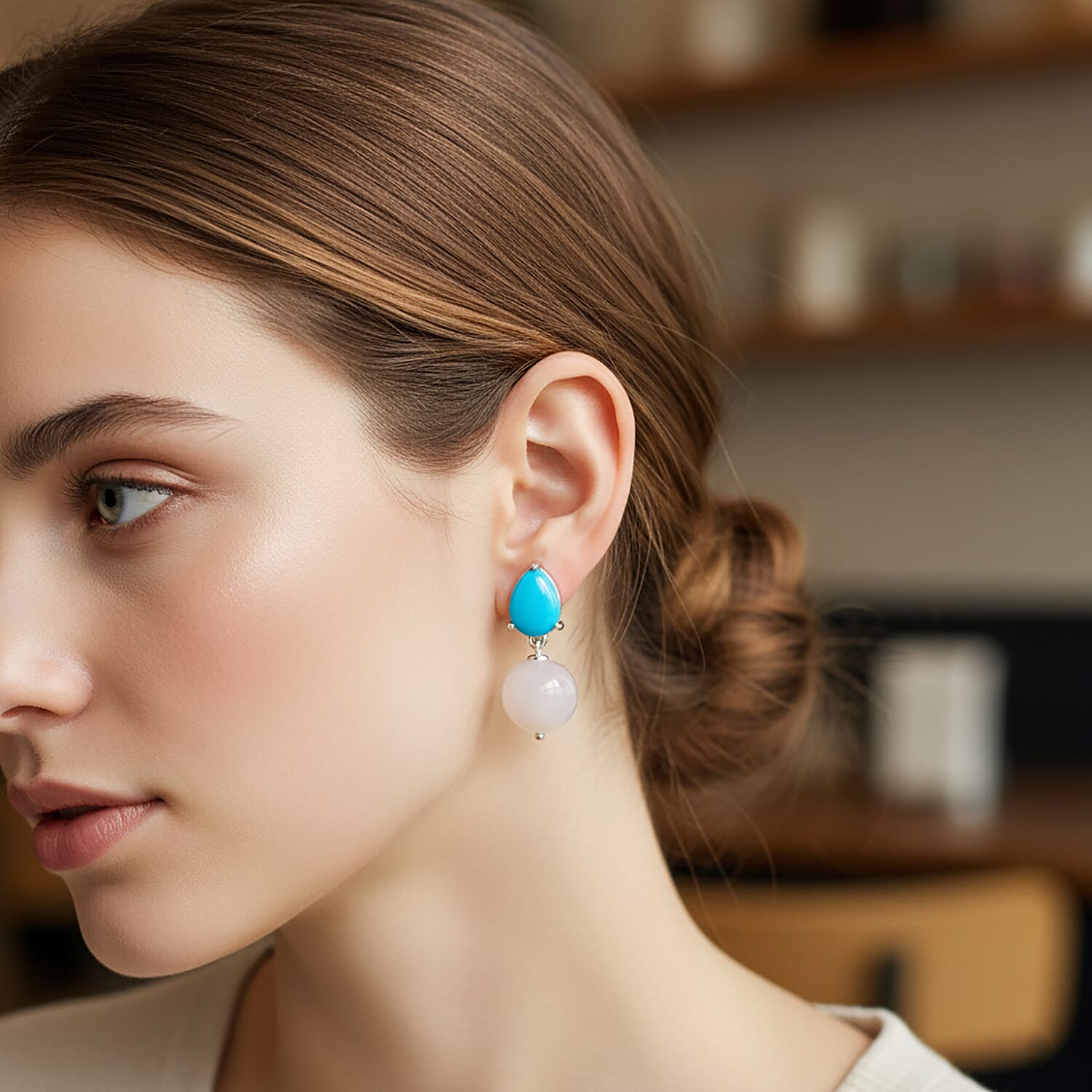 D'Joy Sleeping Beauty Turquoise & Mother Of Pearl Dangling Earring with Push Back in Rhodium Overlay Sterling Silver 8.04 Ct.