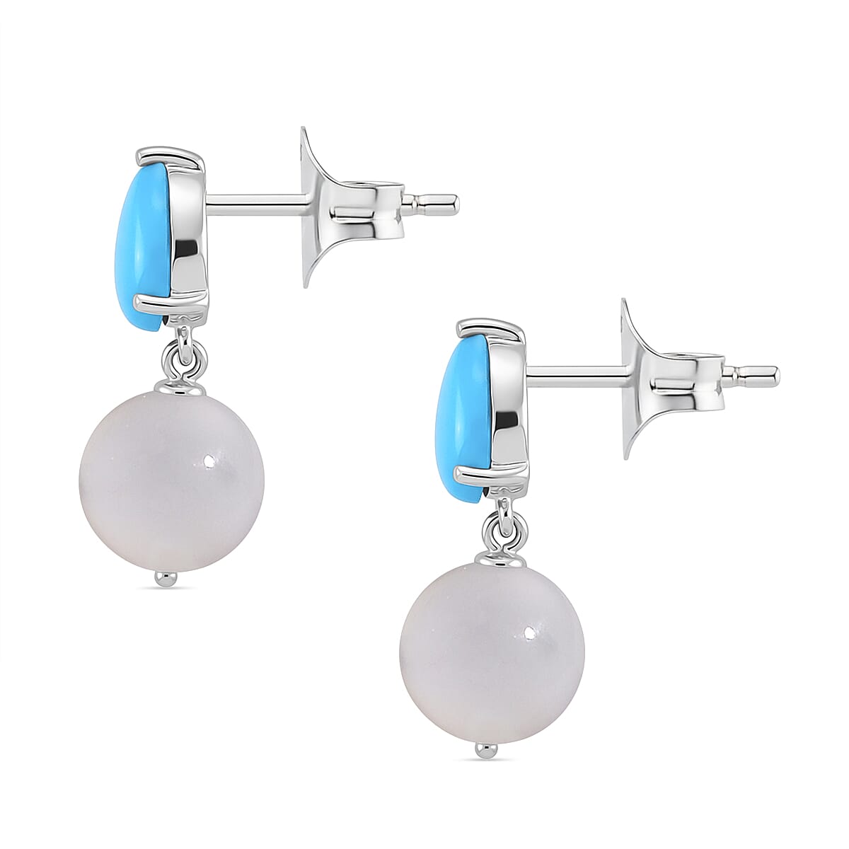 D'Joy Sleeping Beauty Turquoise & Mother Of Pearl Dangling Earring with Push Back in Rhodium Overlay Sterling Silver 8.04 Ct.