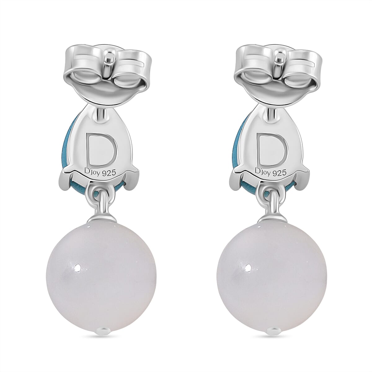 D'Joy Sleeping Beauty Turquoise & Mother Of Pearl Dangling Earring with Push Back in Rhodium Overlay Sterling Silver 8.04 Ct.
