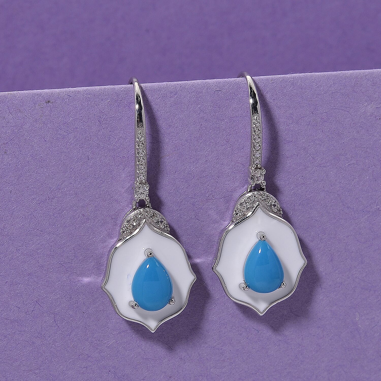 D'Joy Sleeping Beauty Turquoise & White Zircon Dangling Earring with Hook in Rhodium Overlay Sterling Silver 1.35 Ct.