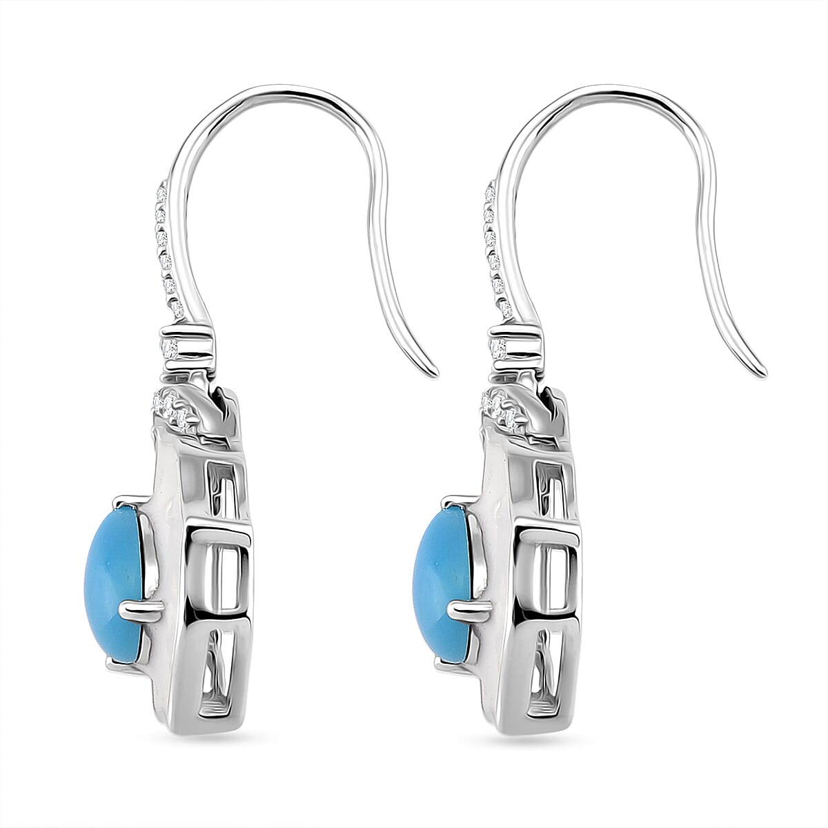 D'Joy Sleeping Beauty Turquoise & White Zircon Dangling Earring with Hook in Rhodium Overlay Sterling Silver 1.35 Ct.