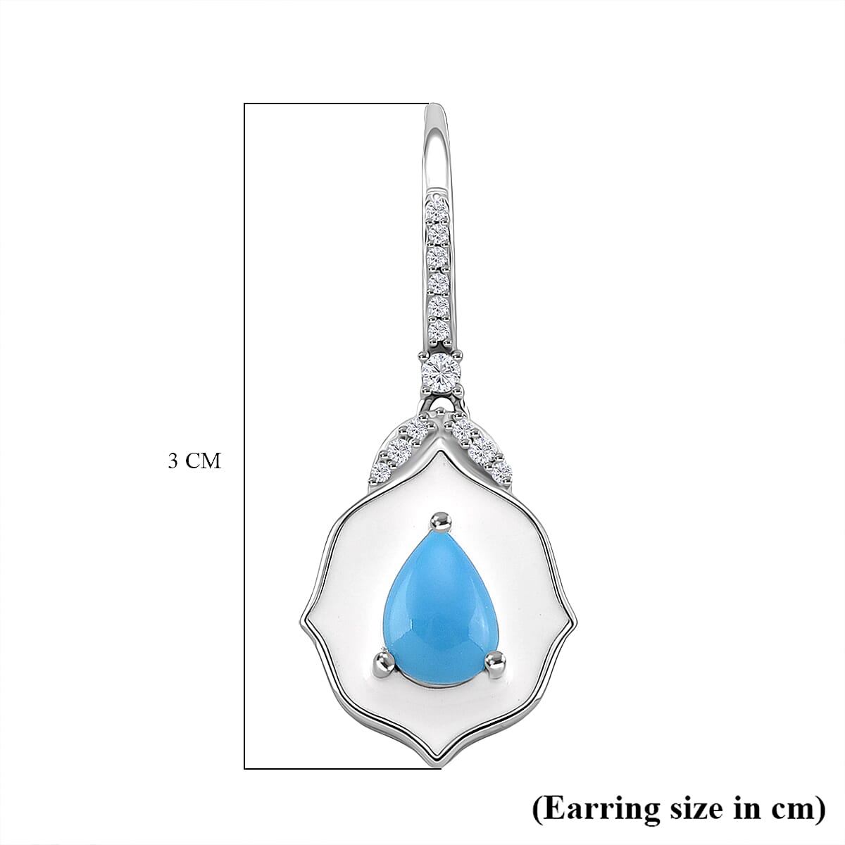D'Joy Sleeping Beauty Turquoise & White Zircon Dangling Earring with Hook in Rhodium Overlay Sterling Silver 1.35 Ct.