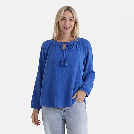 - Maisi 100% Cotton Tie-Neck Top (Size 8 to 10) - Blue