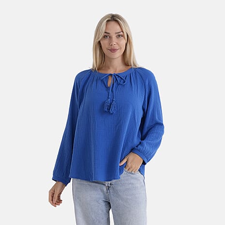 - Maisi 100% Cotton Tie-Neck Top (Size 16 to 18) - Blue