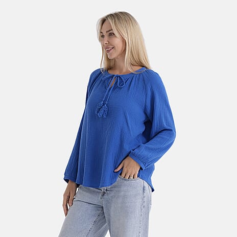 - Maisi 100% Cotton Tie-Neck Top (Size 20 to 22) - Blue
