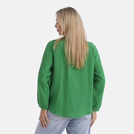- Maisi 100% Cotton Tie-Neck Top (Size 20 to 22) - Green