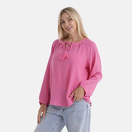 - Maisi 100% Cotton Tie-Neck Top (Size 16 to 18) - Pink