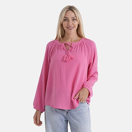 - Maisi 100% Cotton Tie-Neck Top (Size 16 to 18) - Pink