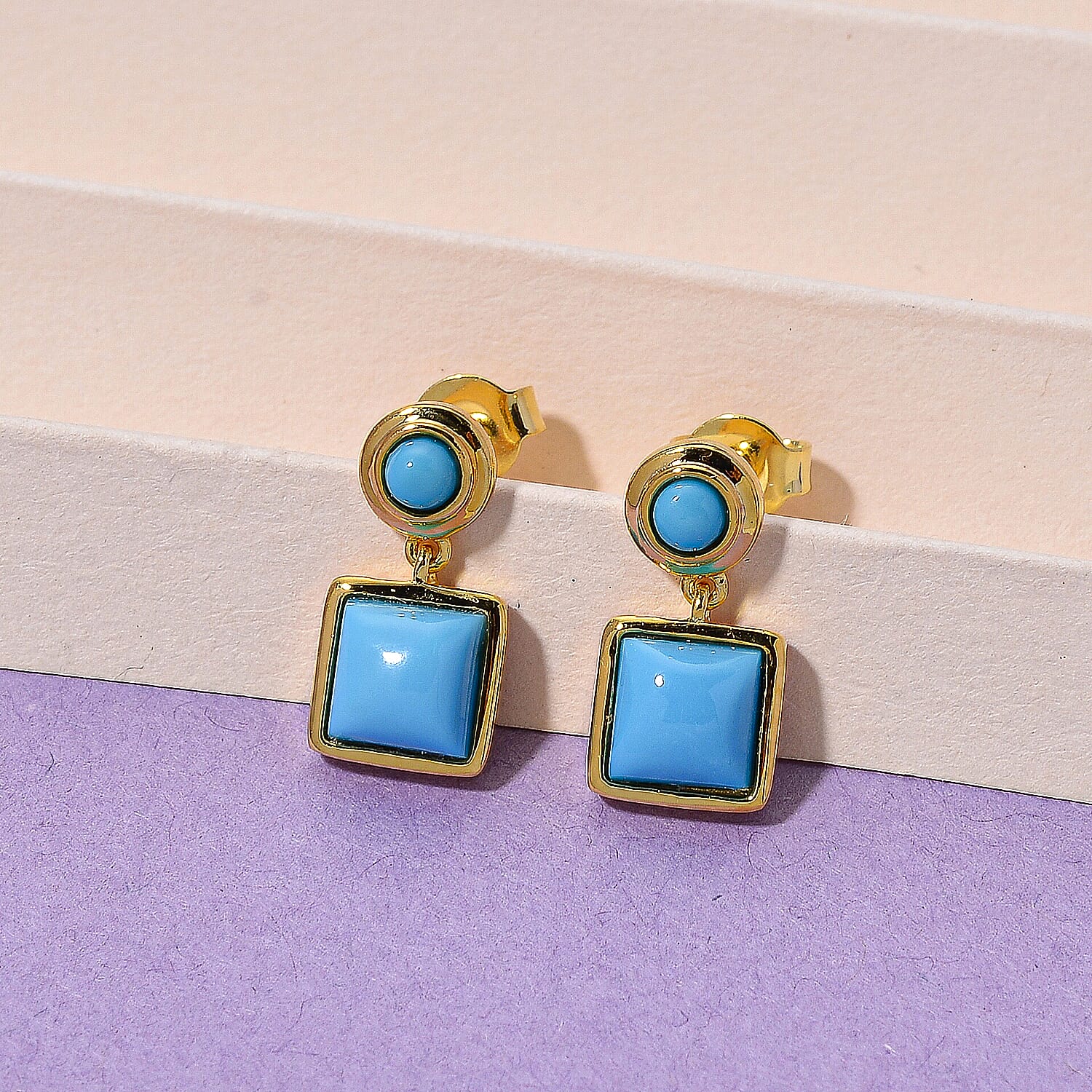 D'Joy Sleeping Beauty Turquoise Dangling Earring with Push Back in Yellow Gold Plated Sterling Silver 2.33 Ct.