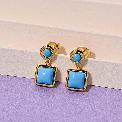 D'Joy Sleeping Beauty Turquoise Dangling Earring with Push Back in Yellow Gold Plated Sterling Silver 2.33 Ct.