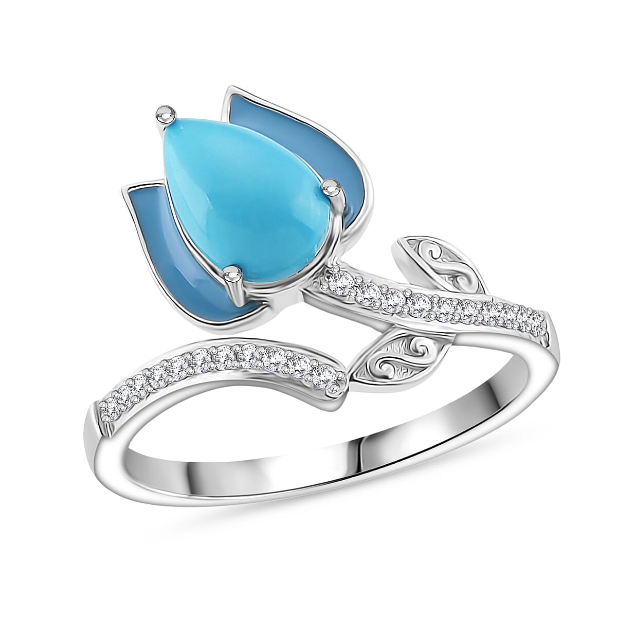 D'Joy Sleeping Beauty Turquoise & White Zircon Ring in Rhodium Overlay Sterling Silver 1.31 Ct.