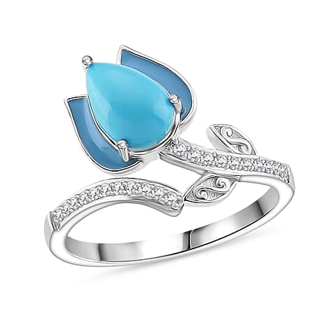 D'Joy Sleeping Beauty Turquoise & White Zircon Ring in Rhodium Overlay Sterling Silver 1.31 Ct.