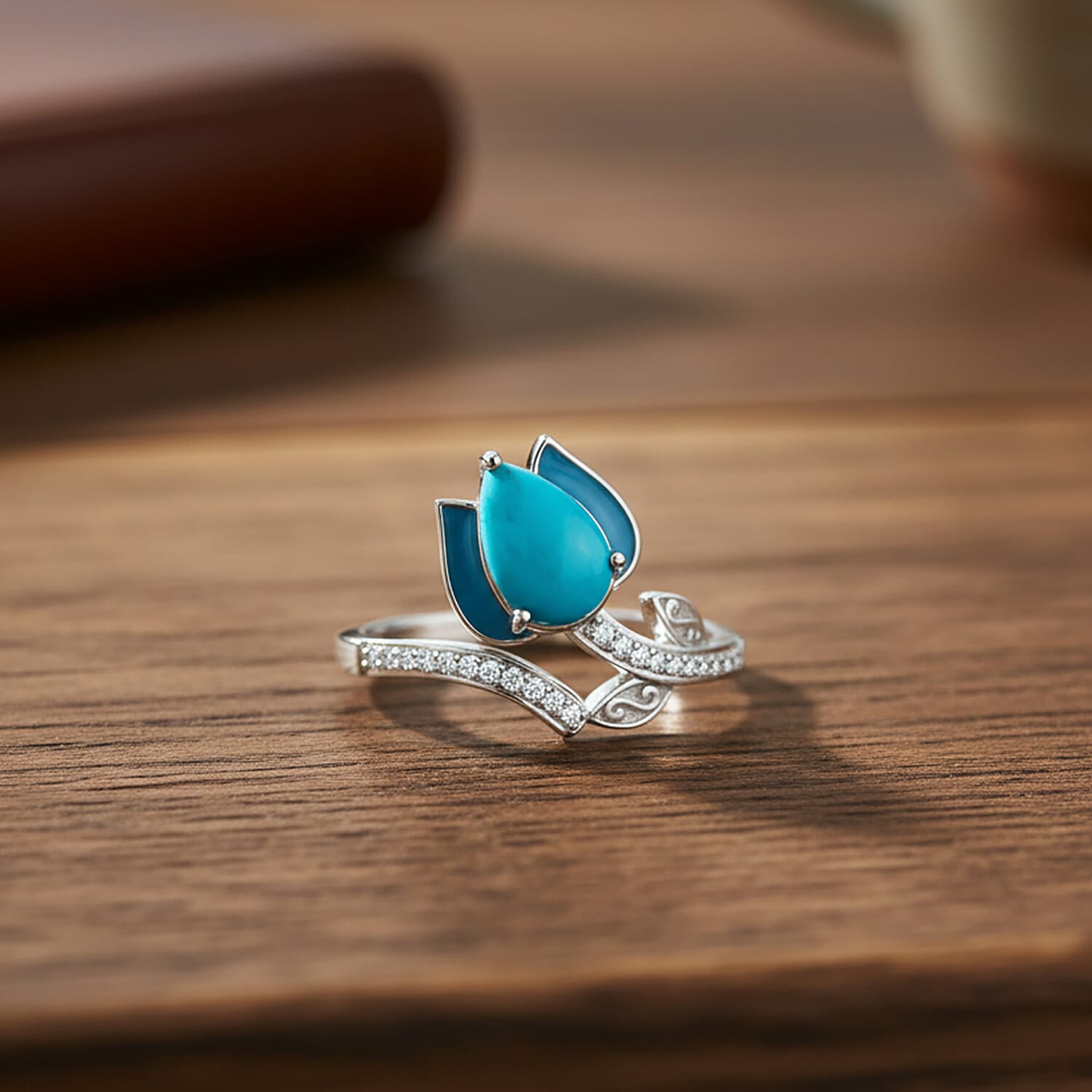 D'Joy Sleeping Beauty Turquoise & White Zircon Ring in Rhodium Overlay Sterling Silver 1.31 Ct.