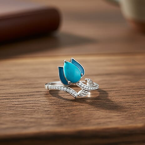 D'Joy Sleeping Beauty Turquoise & White Zircon Ring in Rhodium Overlay Sterling Silver 1.31 Ct.