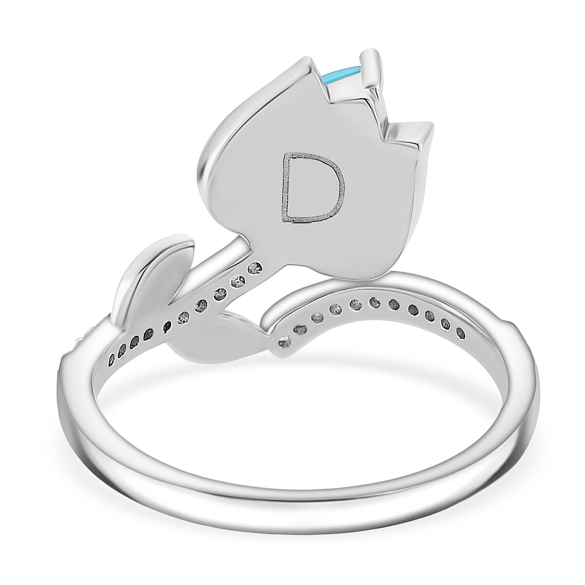 D'Joy Sleeping Beauty Turquoise & White Zircon Ring in Rhodium Overlay Sterling Silver 1.31 Ct.