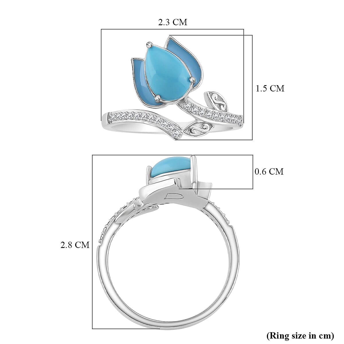 D'Joy Sleeping Beauty Turquoise & White Zircon Ring in Rhodium Overlay Sterling Silver 1.31 Ct.