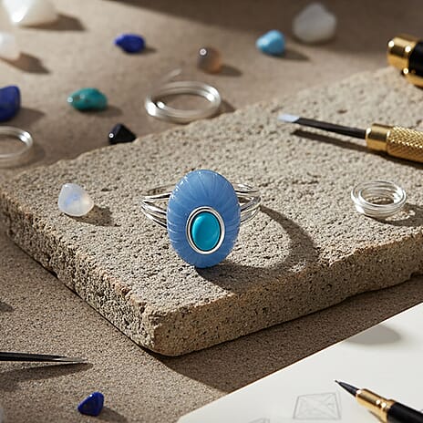 D'Joy Sleeping Beauty Turquoise & Blue Jade Ring in Rhodium Overlay Sterling Silver 14.00 Ct.