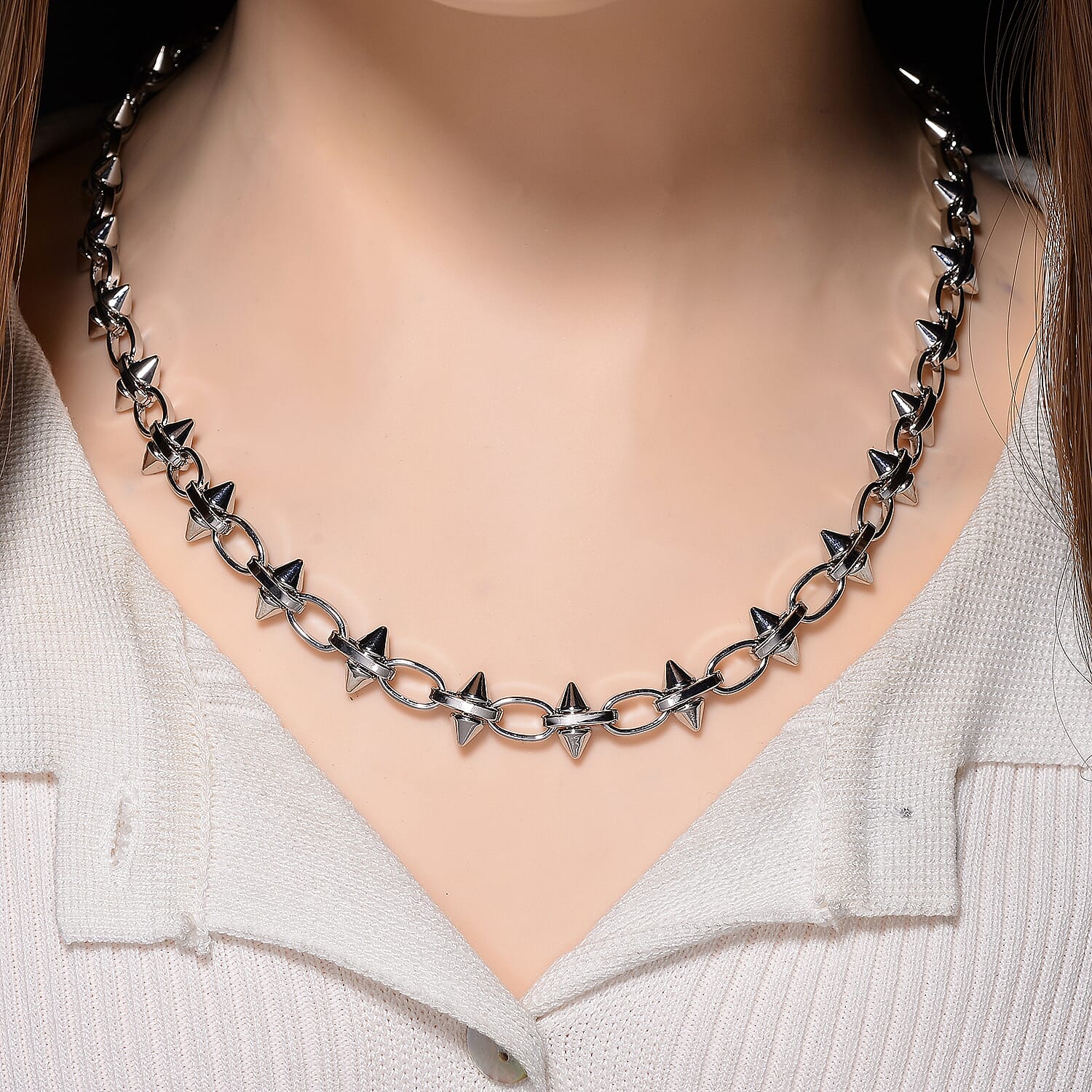 Silver Plated Spikes Necklace (Size - 20 - 2 Ext)