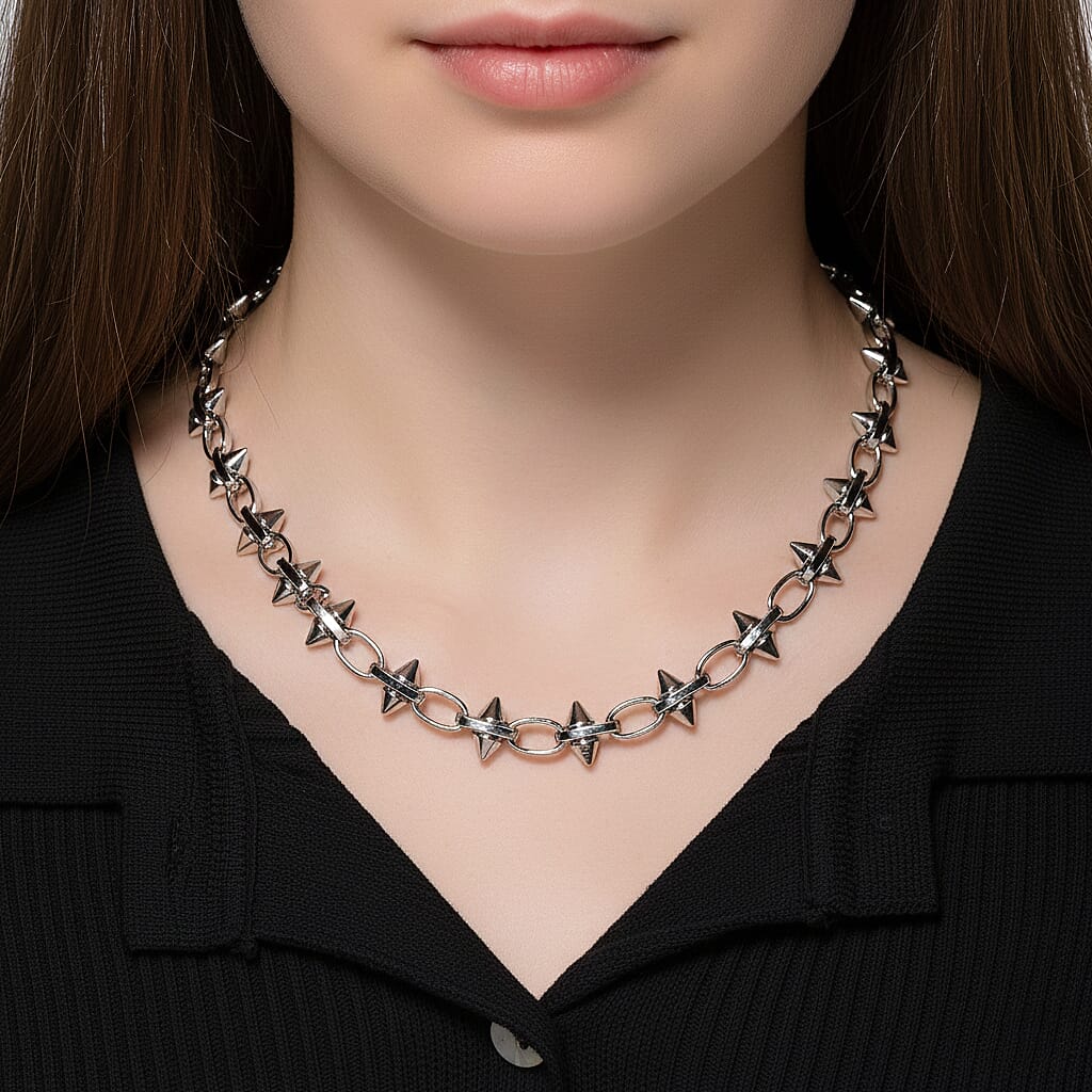 Silver Plated Spikes Necklace (Size - 20 - 2 Ext)