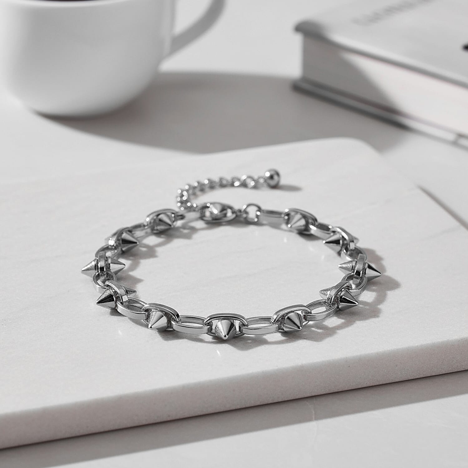 Silver Plated Spikes Bracelet (Size - 7.5-2 Inch Ext)