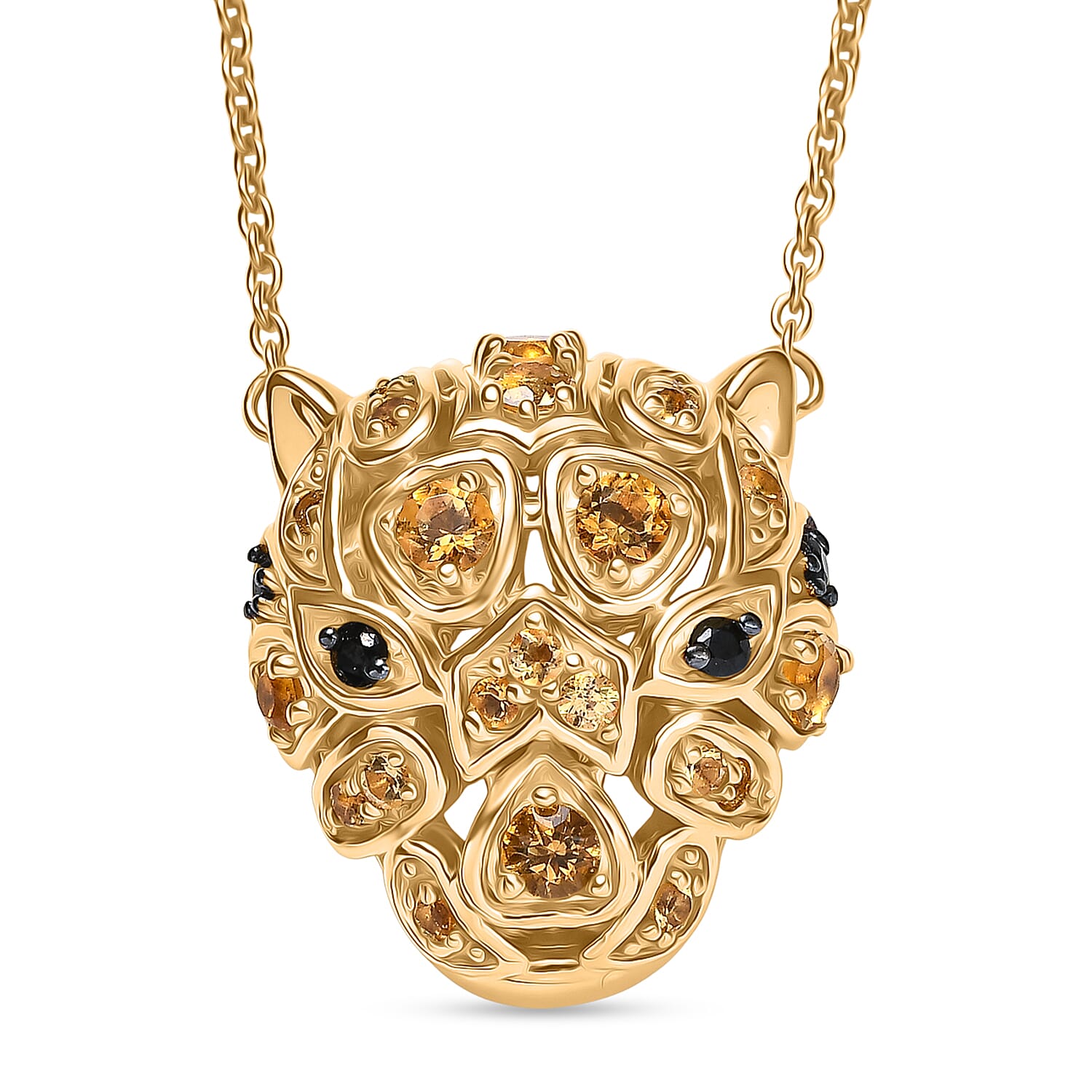 GP Italian Garden Collection - Citrine, Black Spinel, Kanchanaburi Blue Sapphire Leopard Necklace (Size 20) with Lobster Clasp in 18K Vermeil Yellow Gold Plated Sterling Silver 1.28 Ct.