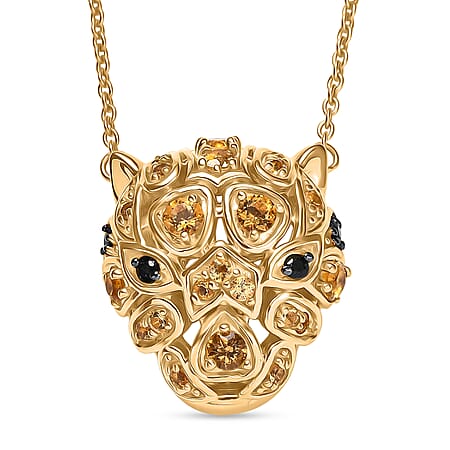 GP Italian Garden Collection - Citrine, Black Spinel, Kanchanaburi Blue Sapphire Leopard Necklace (Size 20) with Lobster Clasp in 18K Vermeil Yellow Gold Plated Sterling Silver 1.28 Ct.