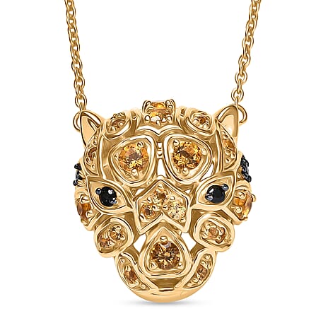 GP Italian Garden Collection - Citrine, Black Spinel, Kanchanaburi Blue Sapphire Leopard Necklace (Size 20) with Lobster Clasp in 18K Vermeil Yellow Gold Plated Sterling Silver 1.28 Ct.