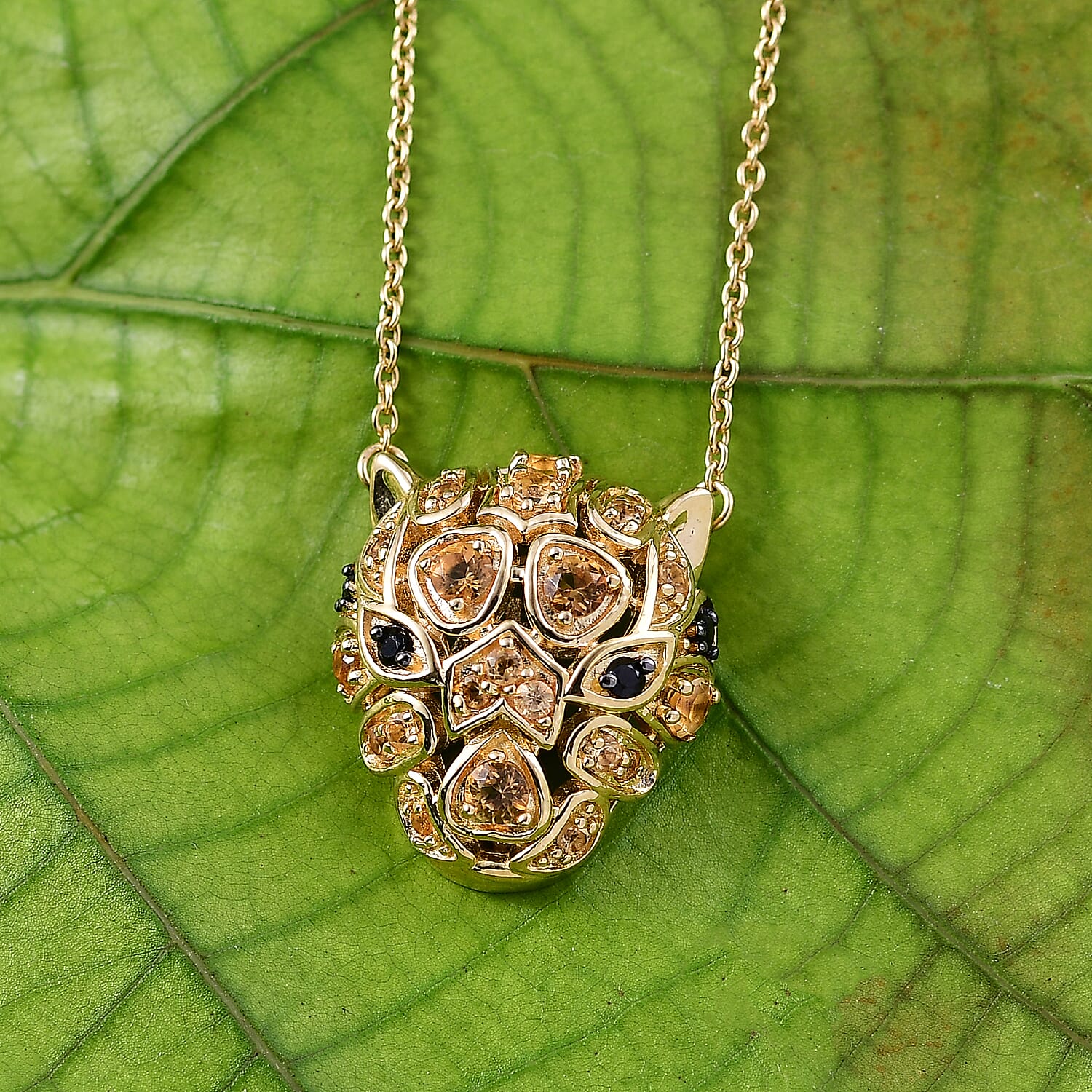 GP Italian Garden Collection - Citrine, Black Spinel, Kanchanaburi Blue Sapphire Leopard Necklace (Size 20) with Lobster Clasp in 18K Vermeil Yellow Gold Plated Sterling Silver 1.28 Ct.