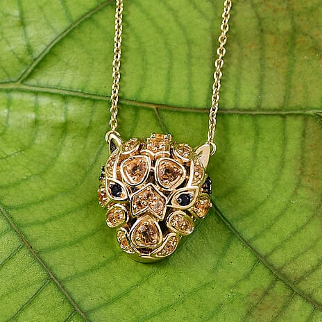 GP Italian Garden Collection - Citrine, Black Spinel, Kanchanaburi Blue Sapphire Leopard Necklace (Size 20) with Lobster Clasp in 18K Vermeil Yellow Gold Plated Sterling Silver 1.28 Ct.