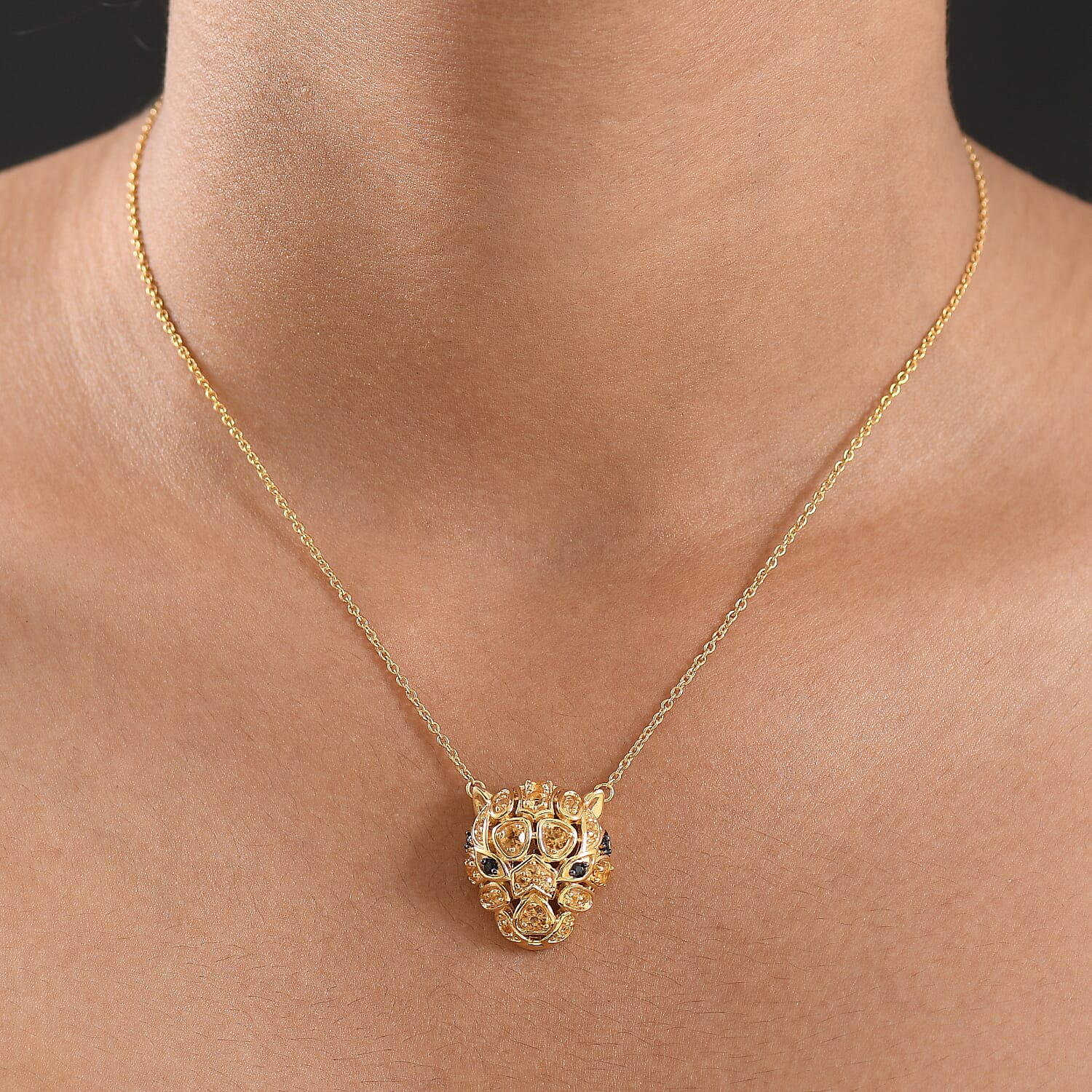 GP Italian Garden Collection - Citrine, Black Spinel, Kanchanaburi Blue Sapphire Leopard Necklace (Size 20) with Lobster Clasp in 18K Vermeil Yellow Gold Plated Sterling Silver 1.28 Ct.
