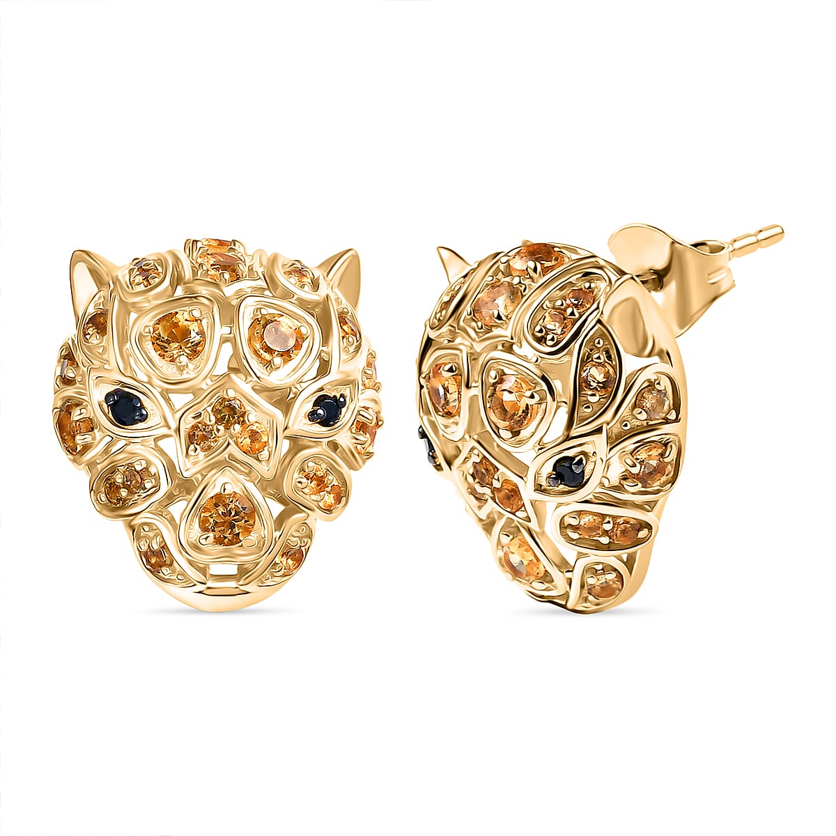 GP Italian Garden Collection - Citrine, Black Spinel, Kanchanaburi Blue Sapphire Stud Earring with Push Back in 18K Vermeil Yellow Gold Plated Sterling Silver 1.42 Ct, Silver Wt. 6.46 Gms.
