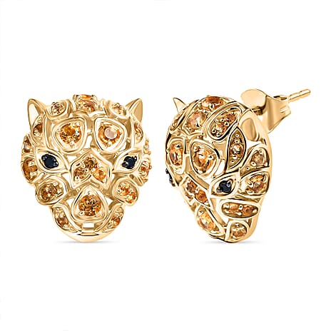 GP Italian Garden Collection - Citrine, Black Spinel, Kanchanaburi Blue Sapphire Stud Earring with Push Back in 18K Vermeil Yellow Gold Plated Sterling Silver 1.42 Ct, Silver Wt. 6.46 Gms.