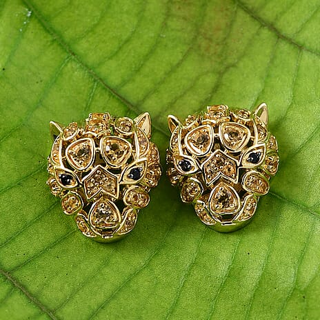 GP Italian Garden Collection - Citrine, Black Spinel, Kanchanaburi Blue Sapphire Stud Earring with Push Back in 18K Vermeil Yellow Gold Plated Sterling Silver 1.42 Ct, Silver Wt. 6.46 Gms.