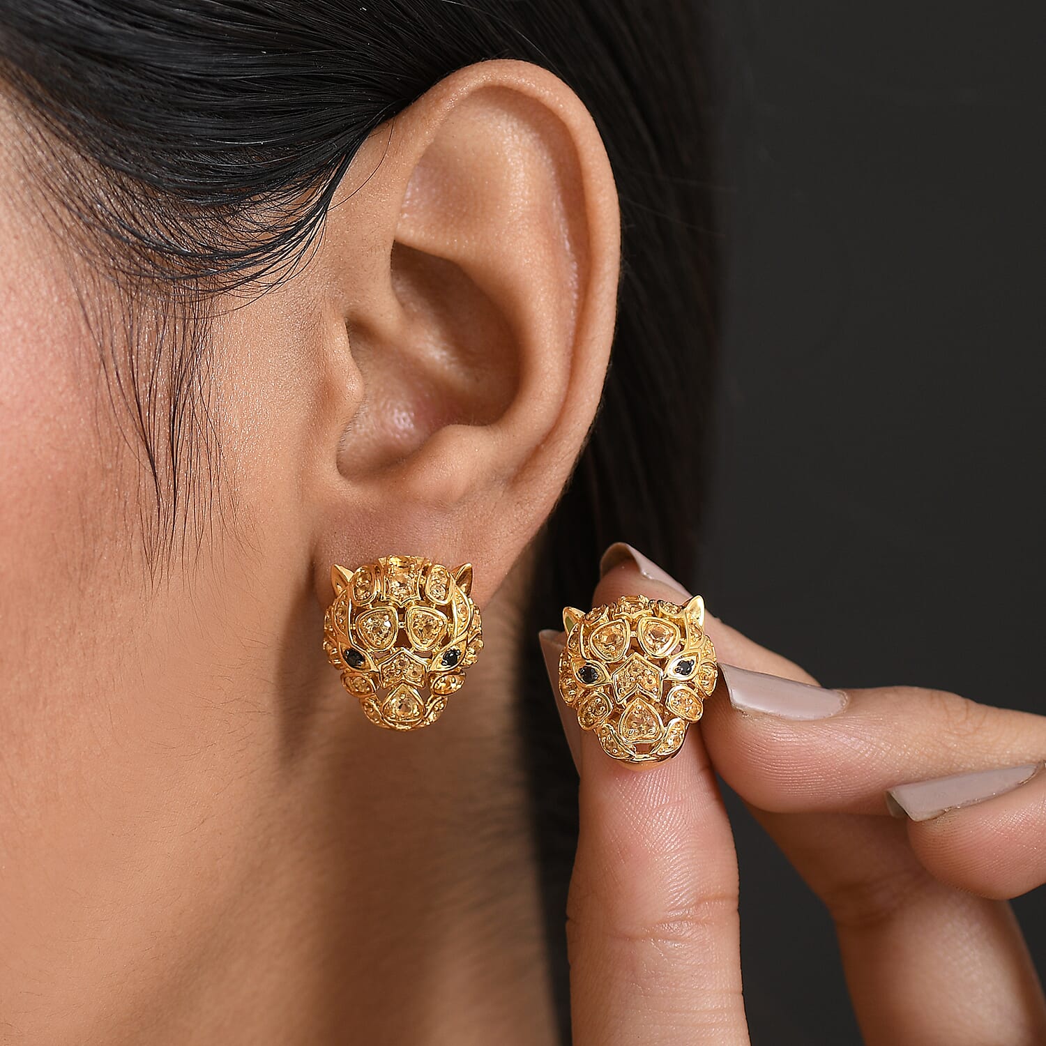 GP Italian Garden Collection - Citrine, Black Spinel, Kanchanaburi Blue Sapphire Stud Earring with Push Back in 18K Vermeil Yellow Gold Plated Sterling Silver 1.42 Ct, Silver Wt. 6.46 Gms.