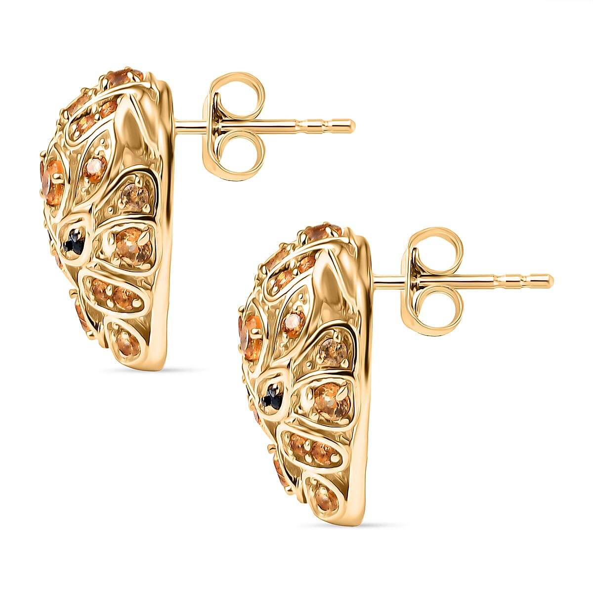 GP Italian Garden Collection - Citrine, Black Spinel, Kanchanaburi Blue Sapphire Stud Earring with Push Back in 18K Vermeil Yellow Gold Plated Sterling Silver 1.42 Ct, Silver Wt. 6.46 Gms.