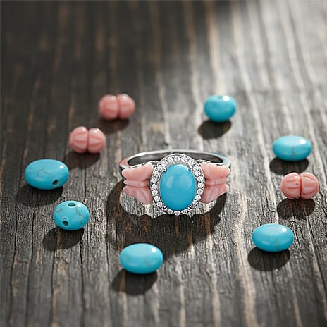 D'Joy Sleeping Beauty Turquoise, Pink Mother Of Pearl & White Zircon Ring in Rhodium Overlay Sterling Silver 2.86 Ct.