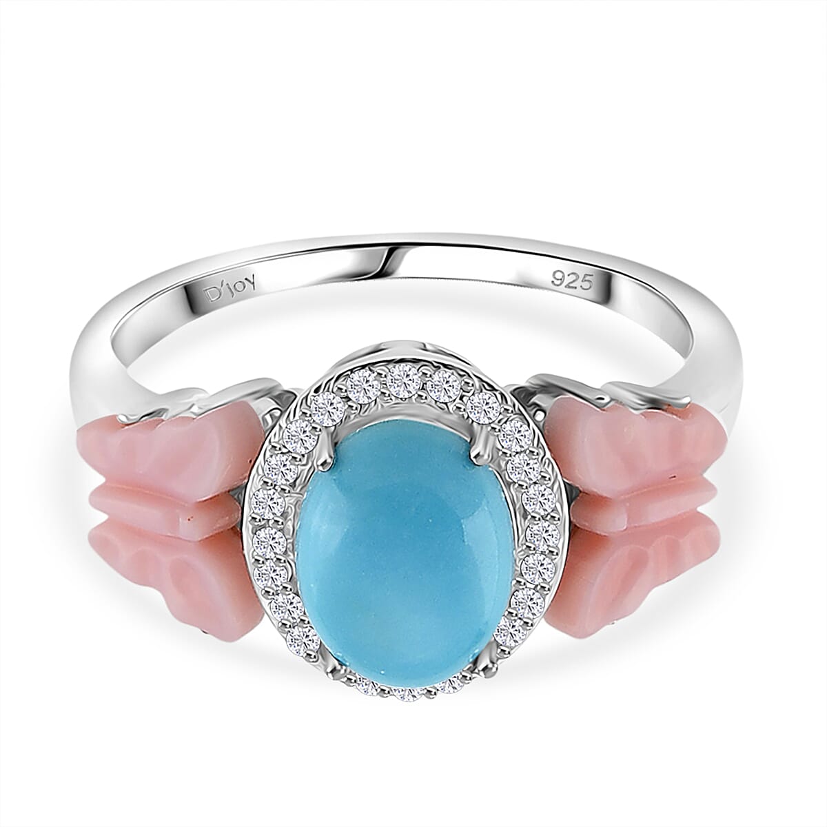 D'Joy Sleeping Beauty Turquoise, Pink Mother Of Pearl & White Zircon Ring in Rhodium Overlay Sterling Silver 2.86 Ct.
