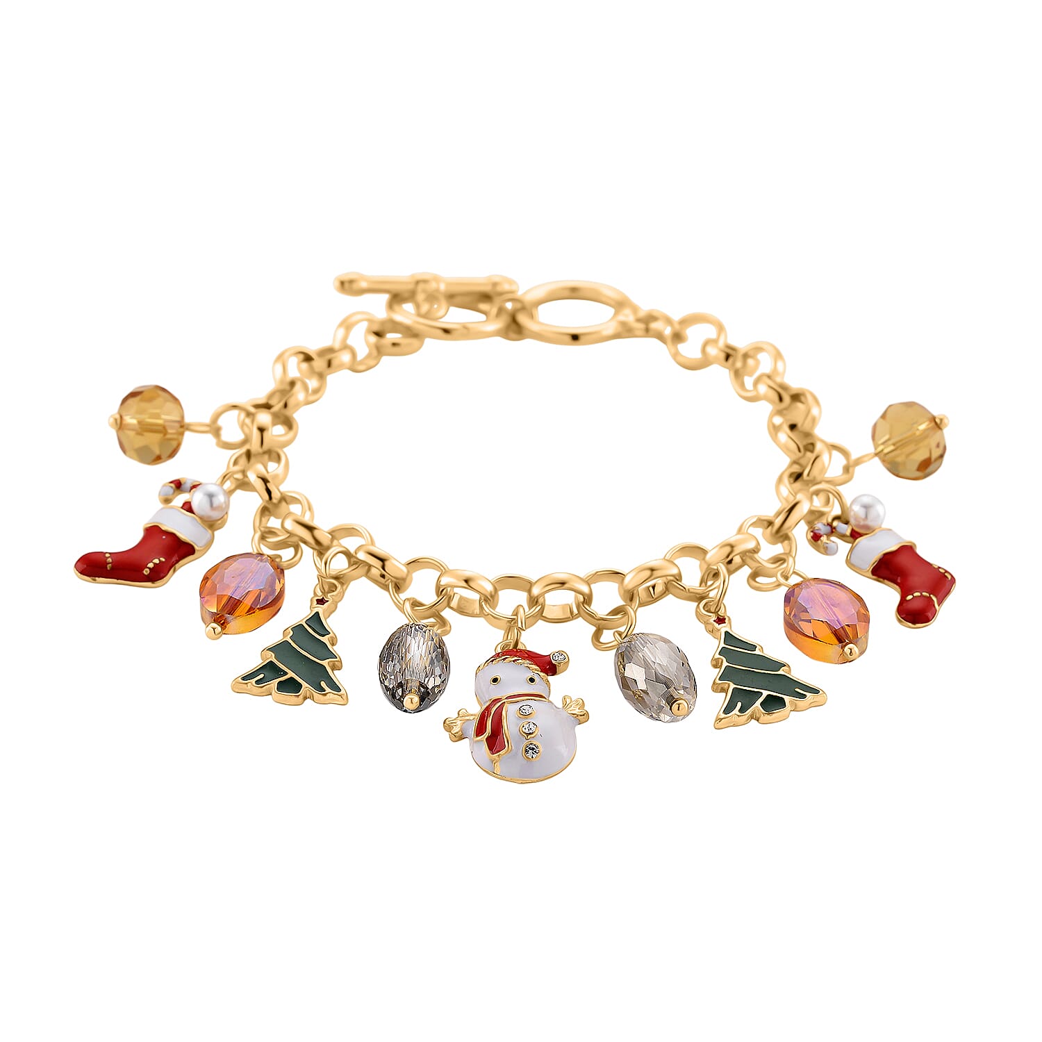 White Austrian Crystal, Simulated Pearl & Multi Colour Crystal Charm Bracelet (Size 7.5-8) with T-Bar Clasp in Yellow Gold Tone