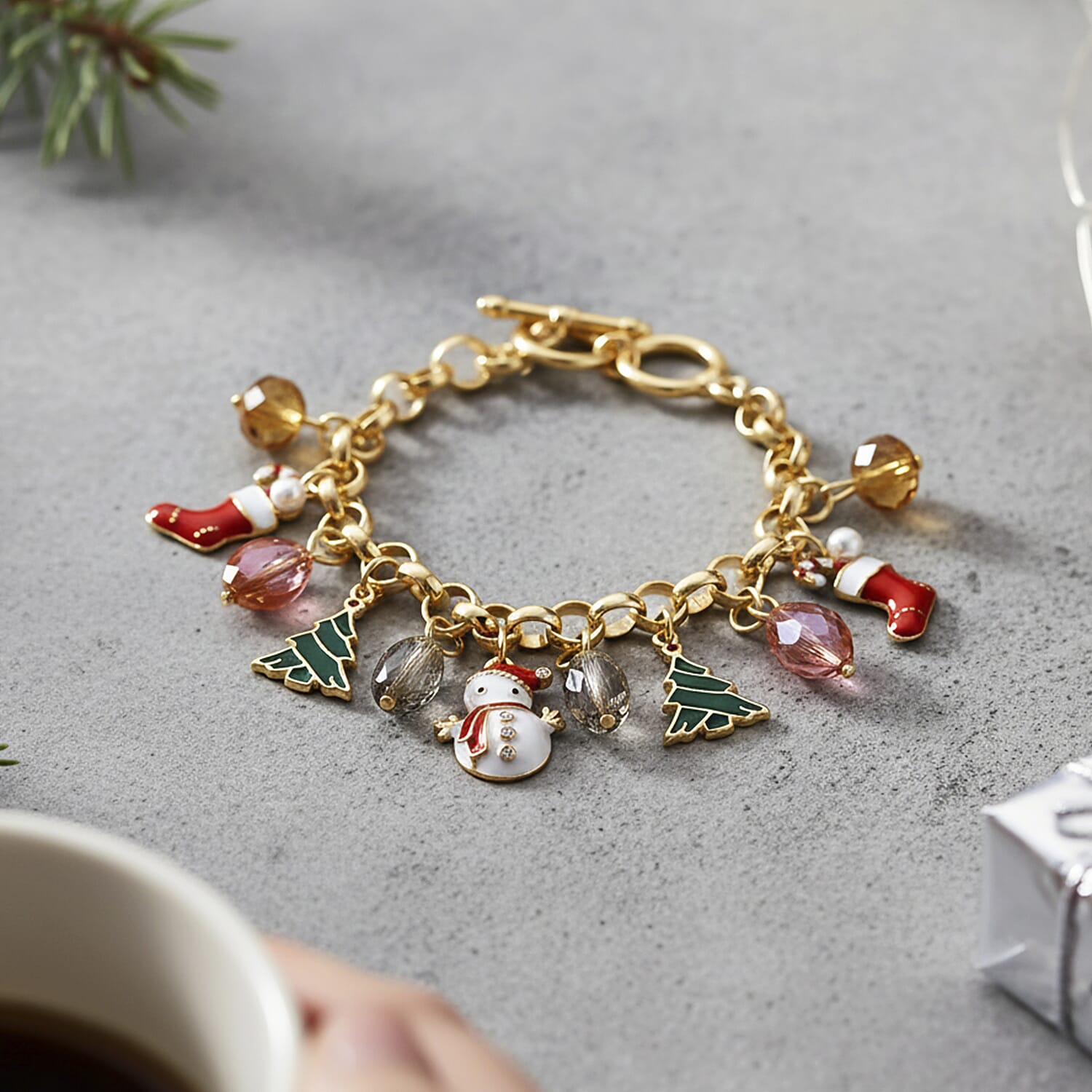 White Austrian Crystal, Simulated Pearl & Multi Colour Crystal Charm Bracelet (Size 7.5-8) with T-Bar Clasp in Yellow Gold Tone