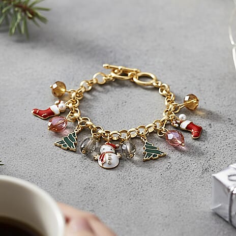 White Austrian Crystal, Simulated Pearl & Multi Colour Crystal Charm Bracelet (Size 7.5-8) with T-Bar Clasp in Yellow Gold Tone