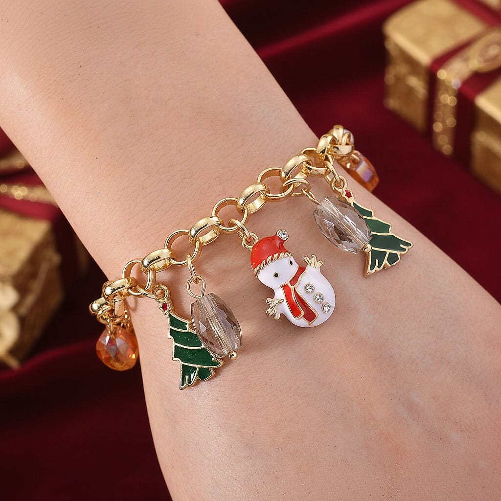 White Austrian Crystal, Simulated Pearl & Multi Colour Crystal Charm Bracelet (Size 7.5-8) with T-Bar Clasp in Yellow Gold Tone