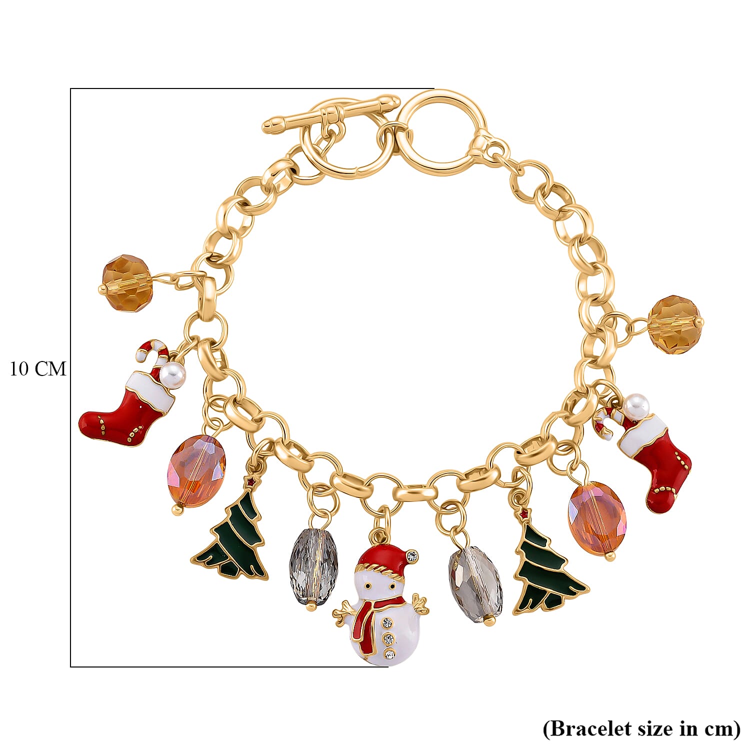 White Austrian Crystal, Simulated Pearl & Multi Colour Crystal Charm Bracelet (Size 7.5-8) with T-Bar Clasp in Yellow Gold Tone