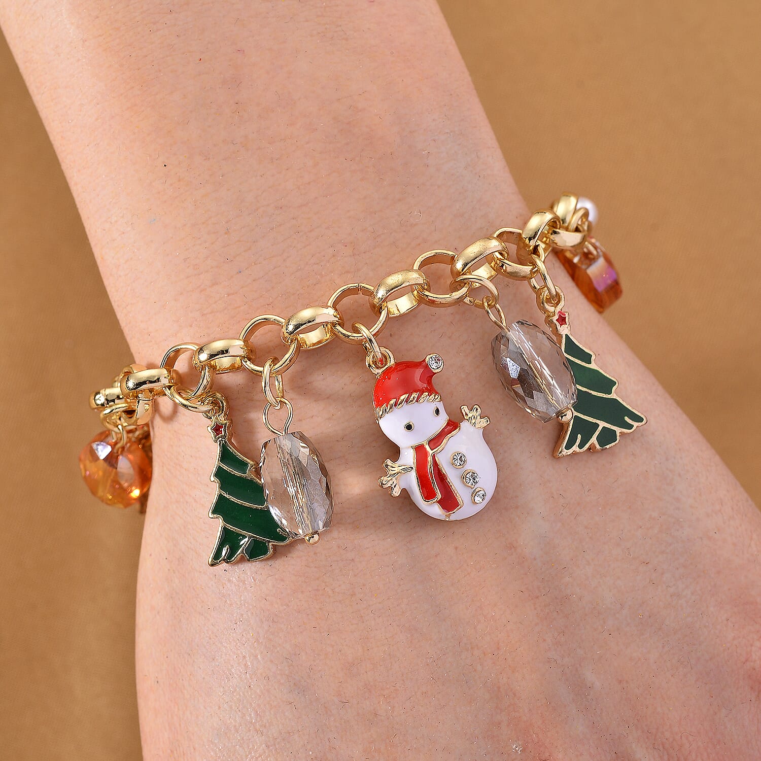 White Austrian Crystal, Simulated Pearl & Multi Colour Crystal Charm Bracelet (Size 7.5-8) with T-Bar Clasp in Yellow Gold Tone