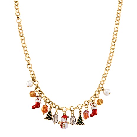 White Austrian Crystal, Simulated Pearl & Multi Colour Crystal  Charms Necklace (Size 20-2 Inch Ext) in Yellow Gold Plated