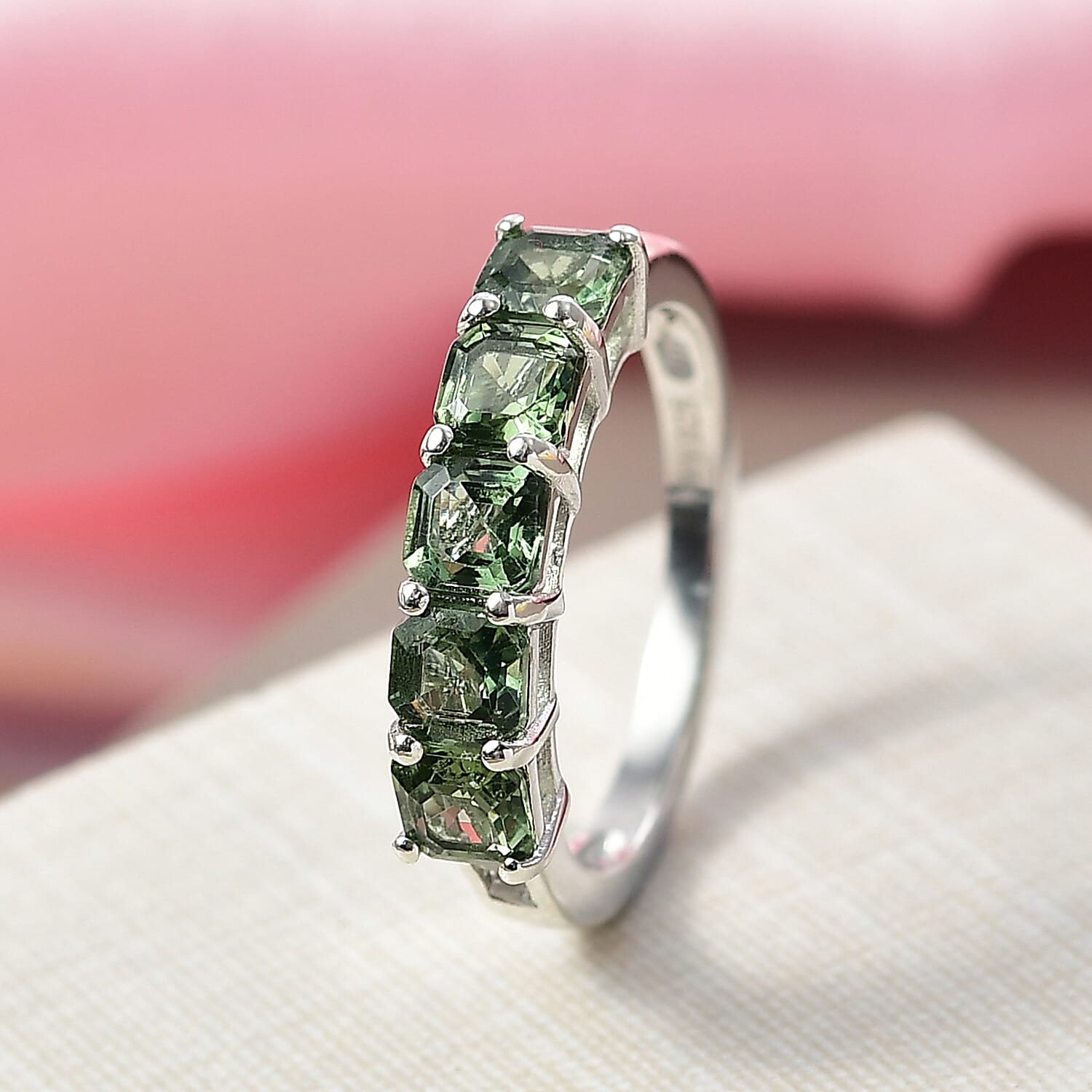 D'Joy Green Apatite & White Zircon 5 Stone Ring in Platinum Overlay Sterling Silver 2.01 Ct.