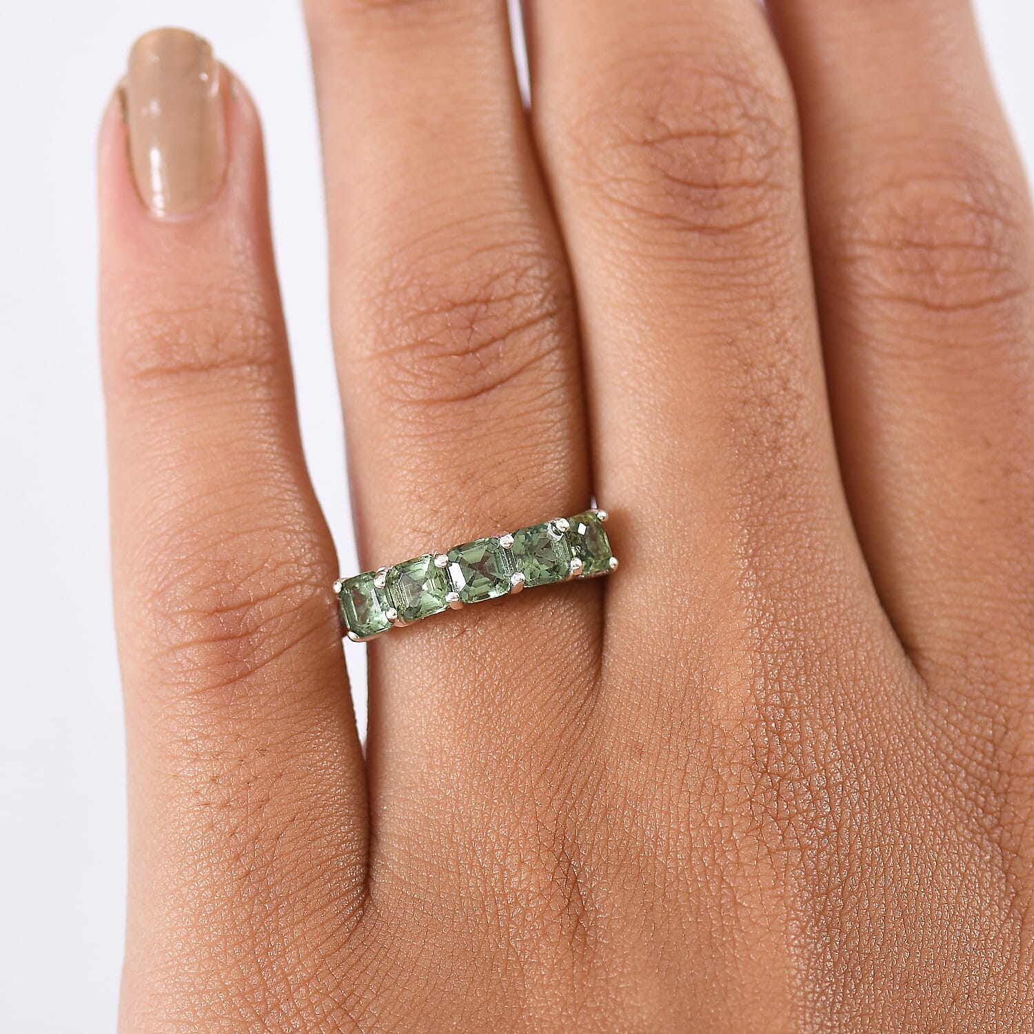 D'Joy Green Apatite & White Zircon 5 Stone Ring in Platinum Overlay Sterling Silver 2.01 Ct.